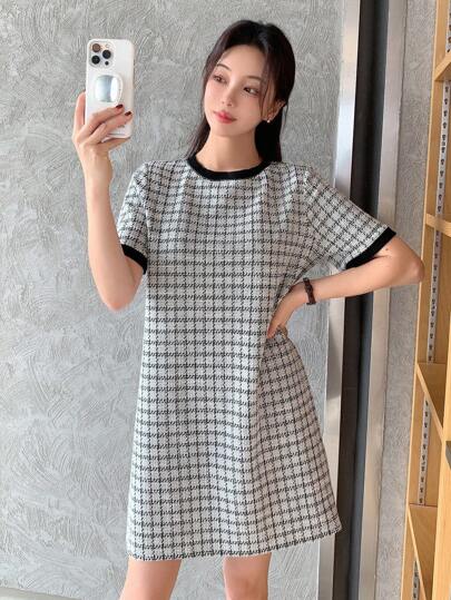 DAZY Women's Plaid Loose Fit T-Shirt Dress,Mini Dress