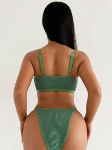 SHEIN Swim Solid Color Triangle Cup Bra And Briefs Bikini Set Summer - Dark Green - View 2