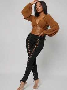 SHEIN Unity 氣球袖pu皮緊身背心 - 棕色 - 查看 3