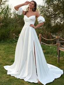 שמלות כלה עם שרוולים נפוחים להסרה לכלה עם כיסים שמלות נשף סאטן עם שסע גבוה שמלות נשף אביב לבן - לבן - ראה 4