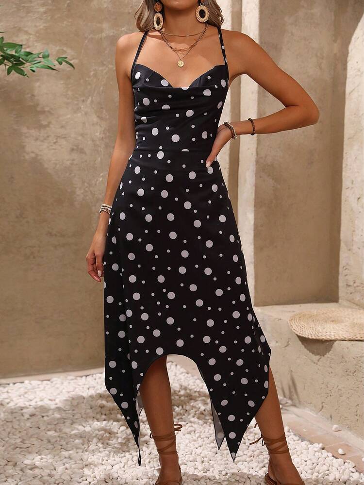 Women's Polka Dot Print Draped Collar Asymmetric Hem Spaghetti Strap Dress