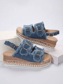 Summer Outdoor Comfortable Women's Denim Fringed Rivet Metal Hollow Buckle Thick Bottom Wedge Sandals