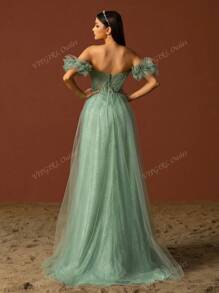 Vipgirl Off Shoulder Mesh Elegant Women Evening Dress, Light Green Wedding Dress