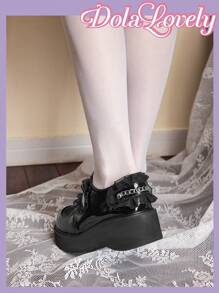 Dola Lovely 女蕾絲設計厚底坡跟鞋 - 黑色 - 查看 6