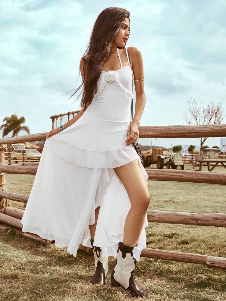 Women's Asymmetrical Ruffle Hem Waist Cinched Maxi Cami Dress