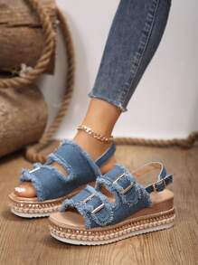 Summer Outdoor Comfortable Women's Denim Fringed Rivet Metal Hollow Buckle Thick Bottom Wedge Sandals