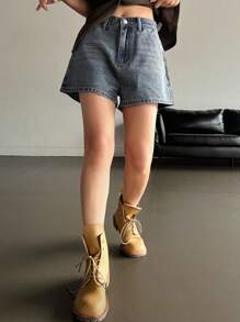 DAZY 复古水洗阔腿牛仔短裤 夏季牛仔短裤 - 藍色 - 查看 3