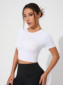 SHEIN Sports 标语图案撞色缝线运动T恤健身背心女式健身房衬衫 - 白色 - 查看 2