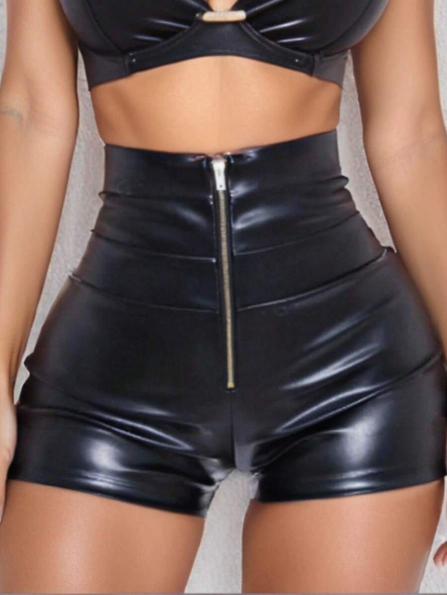 VaVaBold Pantalones Cortos De Mujer Con Cremallera De Color Sólido - Negro - Ver 1