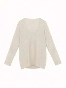 Women's Loose Casual Solid Color V-Neck Hollow Out Knitted Oversized Sweater