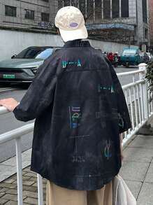 Nam Hoa In thư Lỏng lẻo phù hợp Thả vai Áo sơ mi - màu đen - Xem 2