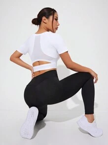 SHEIN Sports 标语图案撞色缝线运动T恤健身背心女式健身房衬衫 - 白色 - 查看 3
