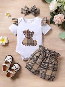 3pcs/Set Casual, Sweet, Elegant & Cute Baby Girl Clothes Set, Soft & Comfortable, Cartoon Bear Applique Embroidery Ruffle Romper And Plaid Sports Shorts With Headband