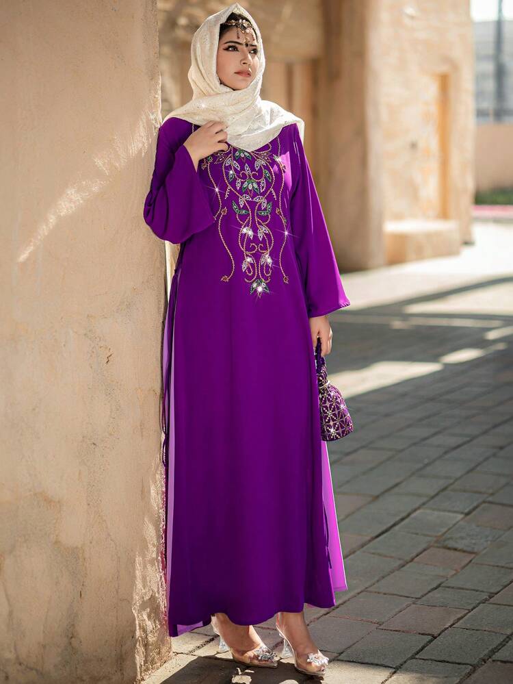 Rhinestoned Morocco Style Color Block Hooded Robe Djellaba