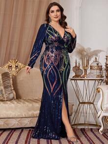 Vestido de noche de manga larga con patrón de lentejuelas para mujer de talla grande, elegante vestido formal para graduación, cena, boda y fiesta - Multicolor - Ver 3