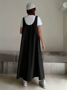 DAZY 纯色长款工装风吊带连衣裙，休闲女式连衣裙 - 黑色 - 查看 2