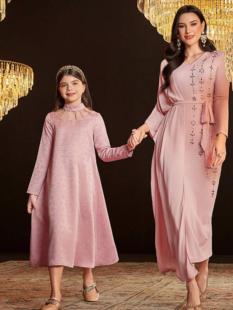 Tween Girls' Loose Cute Light Palace Style Stand Collar Long Sleeve Long Dress
