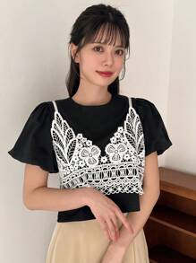 FRIFUL Ladies Round Neck Lace Spliced 2 In 1 T-Shirt - Black - View 1