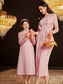 SHEIN Tween Girls寬鬆可愛輕盈宮廷風格立領長袖長裙 - 藕粉色 - 查看 8