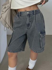 DAZY Women's Retro Denim Cargo Shorts With Elastic Waist And Wide Leg, Casual Loose Fit Summer Denim Shorts Jorts - Medium Wash - View 7