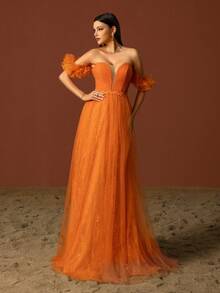 Vestido De Noche Elegante Y Deslumbrante De Color Naranja Con Hombro Descubierto Y Malla - Naranja - Ver 4