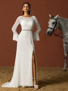Lace Panel Minimalist French Style Flared Sleeve Light Wedding Dress - White - View 6
