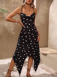 Chiquease Vestido De Tirante Espagueti Con Dobladillo Asimétrico Y Cuello Drapeado Con Estampado De Lunares Para Mujer - Multicolor - Ver 3