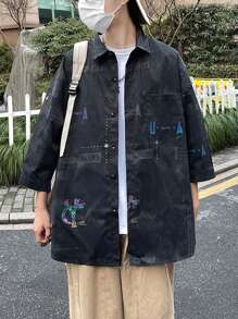 Nam Hoa In thư Lỏng lẻo phù hợp Thả vai Áo sơ mi - màu đen - Xem 4