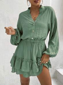 Ruffles Button Dress Women Holiday - Olive Green - View 1