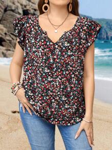 EMERY ROSE Blusa Decorativa De Talla Grande Con Estampado Floral Para Mujer, Con Cuello De Solapa Y Detalles De Volante - Multicolor - Ver 1