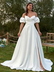 שמלות כלה עם שרוולים נפוחים להסרה לכלה עם כיסים שמלות נשף סאטן עם שסע גבוה שמלות נשף אביב לבן - לבן - ראה 5