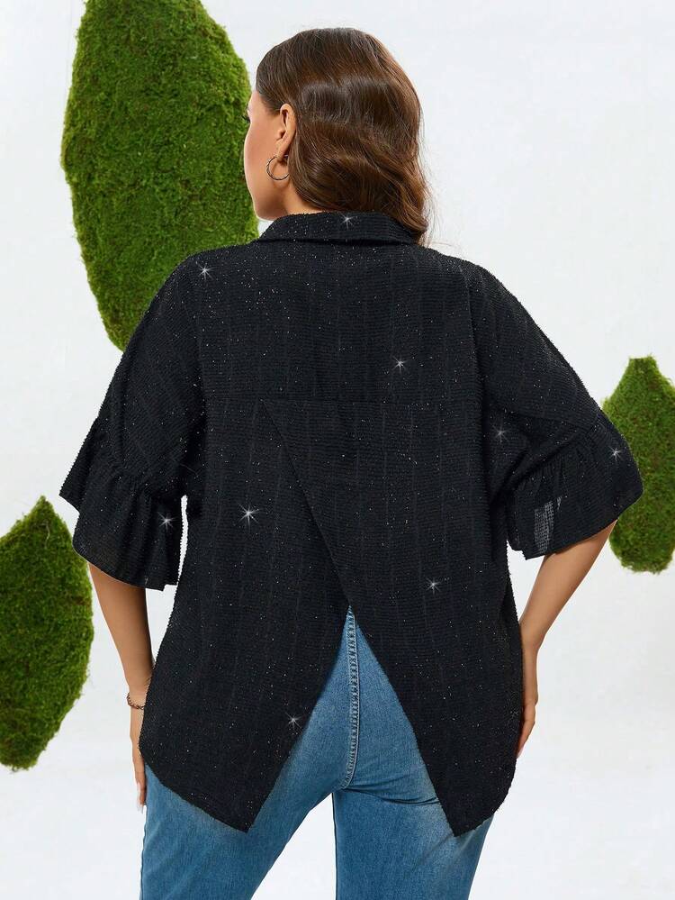 Plus Size Button Up Flare Sleeve Shirt