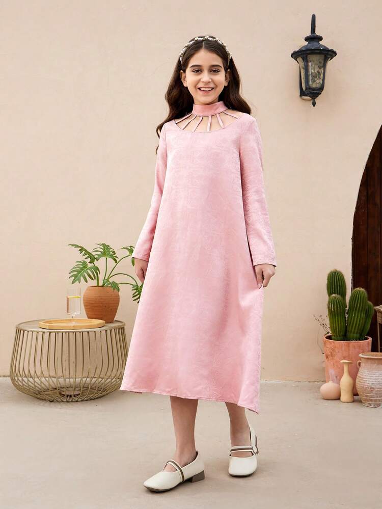 Tween Girls' Loose Cute Light Palace Style Stand Collar Long Sleeve Long Dress