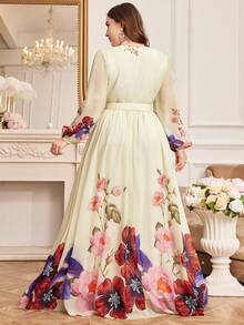 Women's Autumn V-Neck Elegant Floral Print Lantern Sleeve Dress With Belt, Butter Yellow - Yellow - View 2