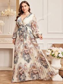 Vestido de manga larga estampado floral de talla grande y modesto