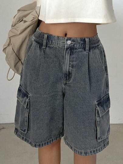DAZY 女士复古牛仔工装短裤，松紧腰阔腿设计，休闲宽松夏季牛仔短裤