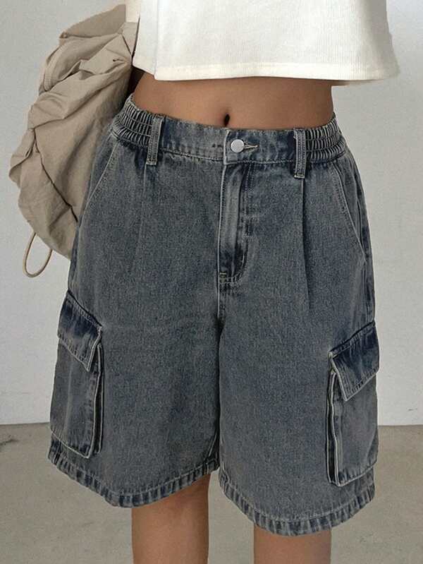 DAZY Women's Retro Denim Cargo Shorts With Elastic Waist And Wide Leg, Casual Loose Fit Summer
