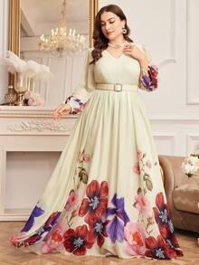 Women's Autumn V-Neck Elegant Floral Print Lantern Sleeve Dress With Belt, Butter Yellow - Yellow - View 6