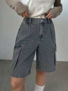 DAZY Women's Retro Denim Cargo Shorts With Elastic Waist And Wide Leg, Casual Loose Fit Summer Denim Shorts Jorts - Medium Wash - View 4