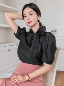 DAZY 女款純色泡泡袖層疊領襯衫 - 黑色 - 查看 1