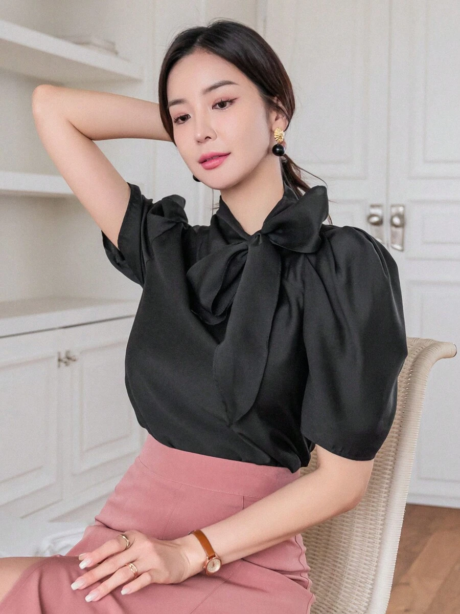 DAZY 女款純色泡泡袖層疊領襯衫 - 黑色 - 查看 1