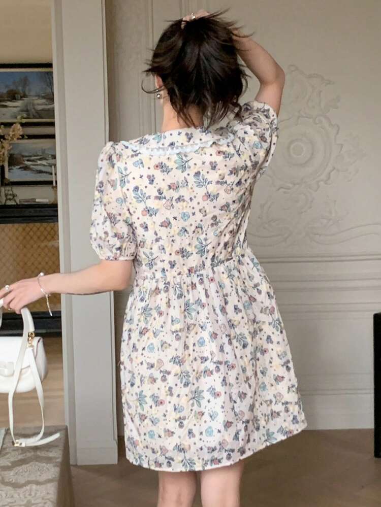 Women's Peter Pan Collar Ditsy Floral Print Dress Sundress Easter