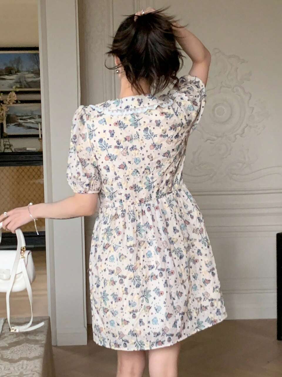 Women's Peter Pan Collar Ditsy Floral Print Dress Sundress Easter