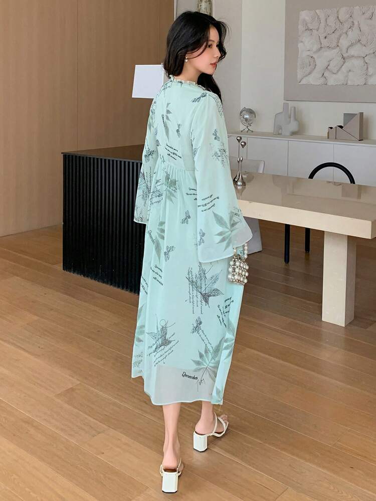 Vestido de gasa con estampado de hoja de arce y eslogan para mujer, vestido largo de manga larga para vacaciones