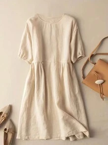 Vestido De Hombros Caídos De Color Sólido Para Damas - Albaricoque - Ver 3