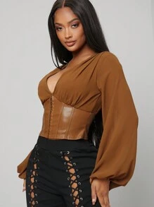 SHEIN Unity 氣球袖pu皮緊身背心 - 棕色 - 查看 5