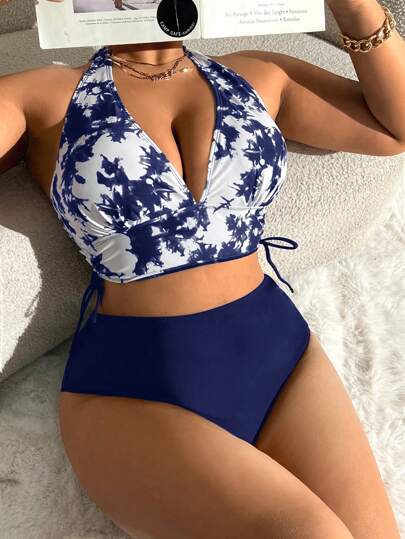 Swim Lushoire Conjunto de traje de baño de talla grande con top de cuello de halter en efecto tie-dye y calzones lisos. Bikini de 2 piezas con parte superior de talle alto. Conjunto de ropa de playa para vacaciones de verano