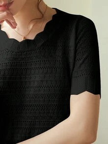 Knit Mix Elegant Women's Shirt, Distinctive Lace Trim Round Neck Hollow Short Sleeve Fitted T-Shirt, Suitable For Petite Figures, Solid Color, Casual/Work Appropriate, Spring/Summer Top, Subtle Vintage Cream Color, Back To School Spring/Summer Wear, Also Suitable For Casual Holidays Like Christmas, Thanksgiving And New Year. - Black - View 7