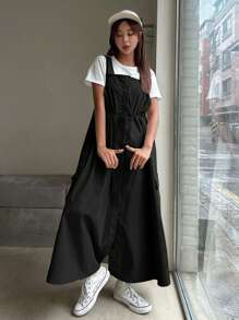 DAZY 纯色长款工装风吊带连衣裙，休闲女式连衣裙 - 黑色 - 查看 3