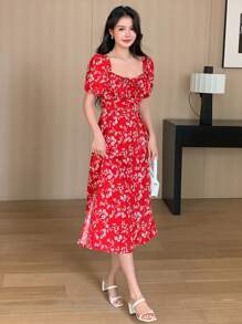 DAZY Side Split Square Neck Floral Printed Dress,Milkmaid Dress Sundress Valentine's Day Vacation Outfits Women - Red - View 7